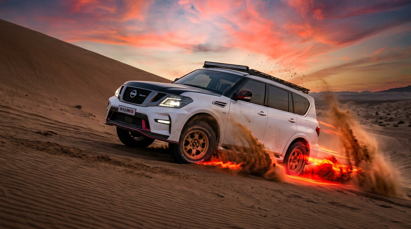 Nissan Patrol Nismo climbing a sand dune with dust kicking off the wheels