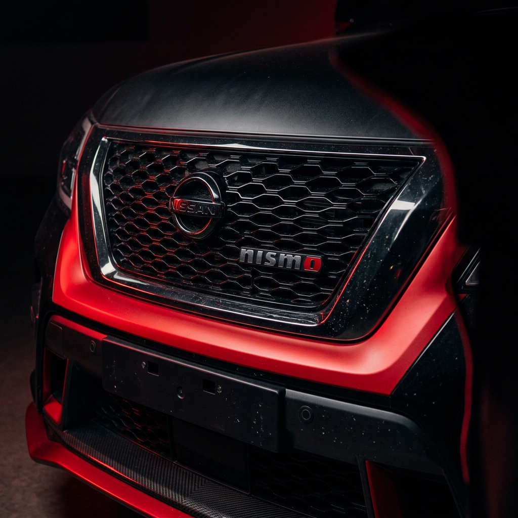Close-up of the signature Nismo red front bumper trim and grille