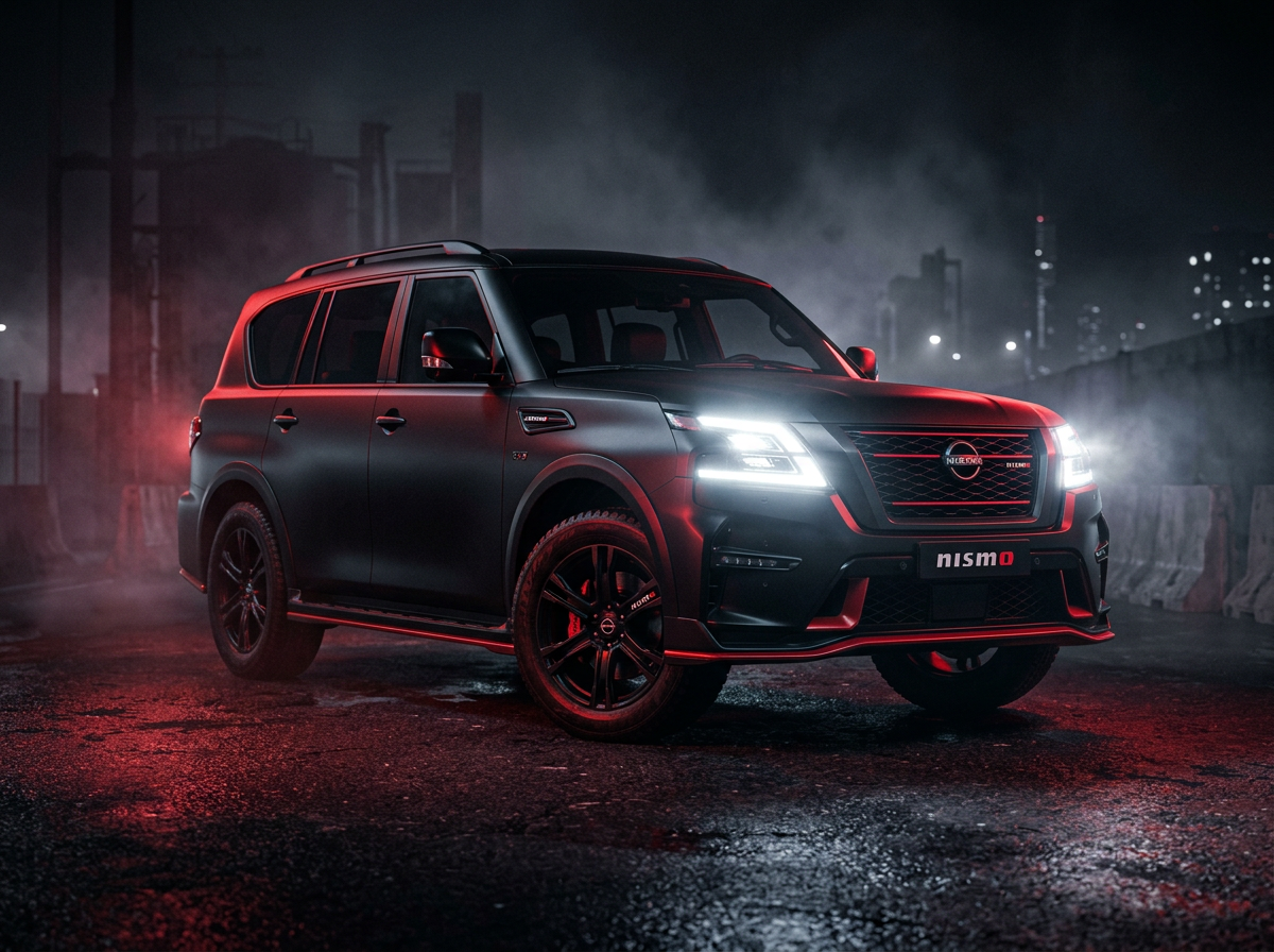 2016 Nissan Patrol Nismo front three-quarter view with headlights blazing